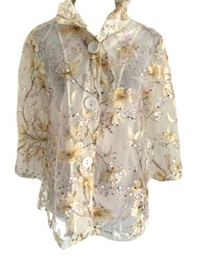 Damee Women’s Small Sheer Ivory Gold Floral Embroidered Button Artsy Jacket